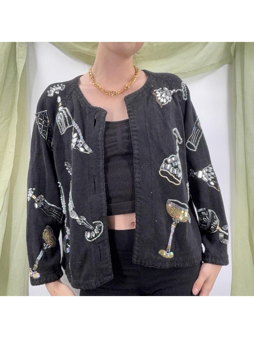 Michael Simon Vintage Knit Cardigan Beaded Embroidered Cocktail Sweater
